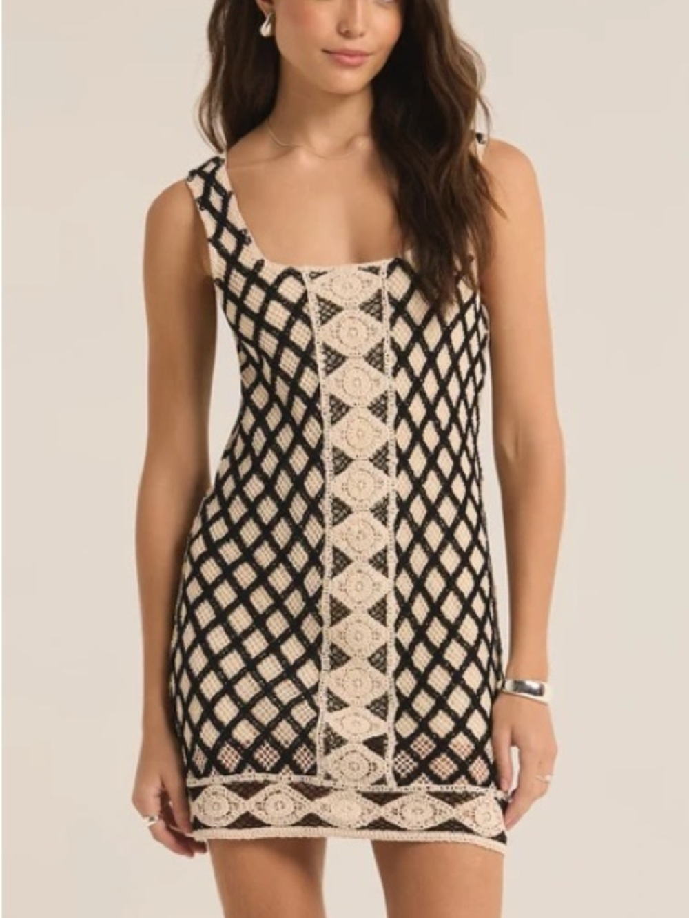 Cache Crochet Lattice Medallion Lined Sleeveless Shift Dress | Black Cream | XL